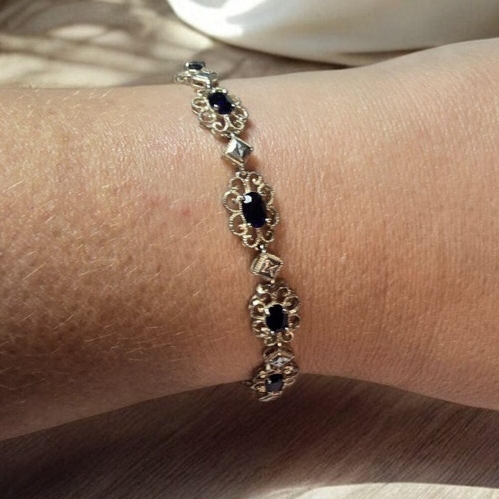 Blue Crystal Floral Filigree Bracelet Silver Detail – Delicate Elegant Minimal
